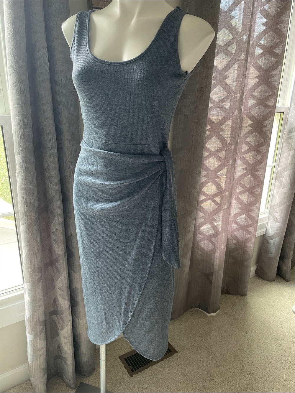 [Nine Britton] Sleeveless Blue Ribbed Tie-Waist Knit Dress